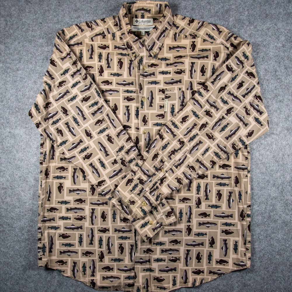 Columbia Sportswear Men's Large Fish Print Button Down Long Sleeve 100% Cotton